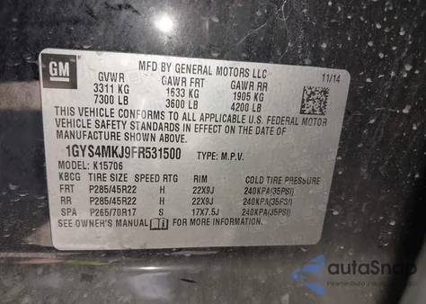 2015 Cadillac Escalade Luxury z USA, uszkodzony, nr VIN 1GYS4MKJ9FR531500